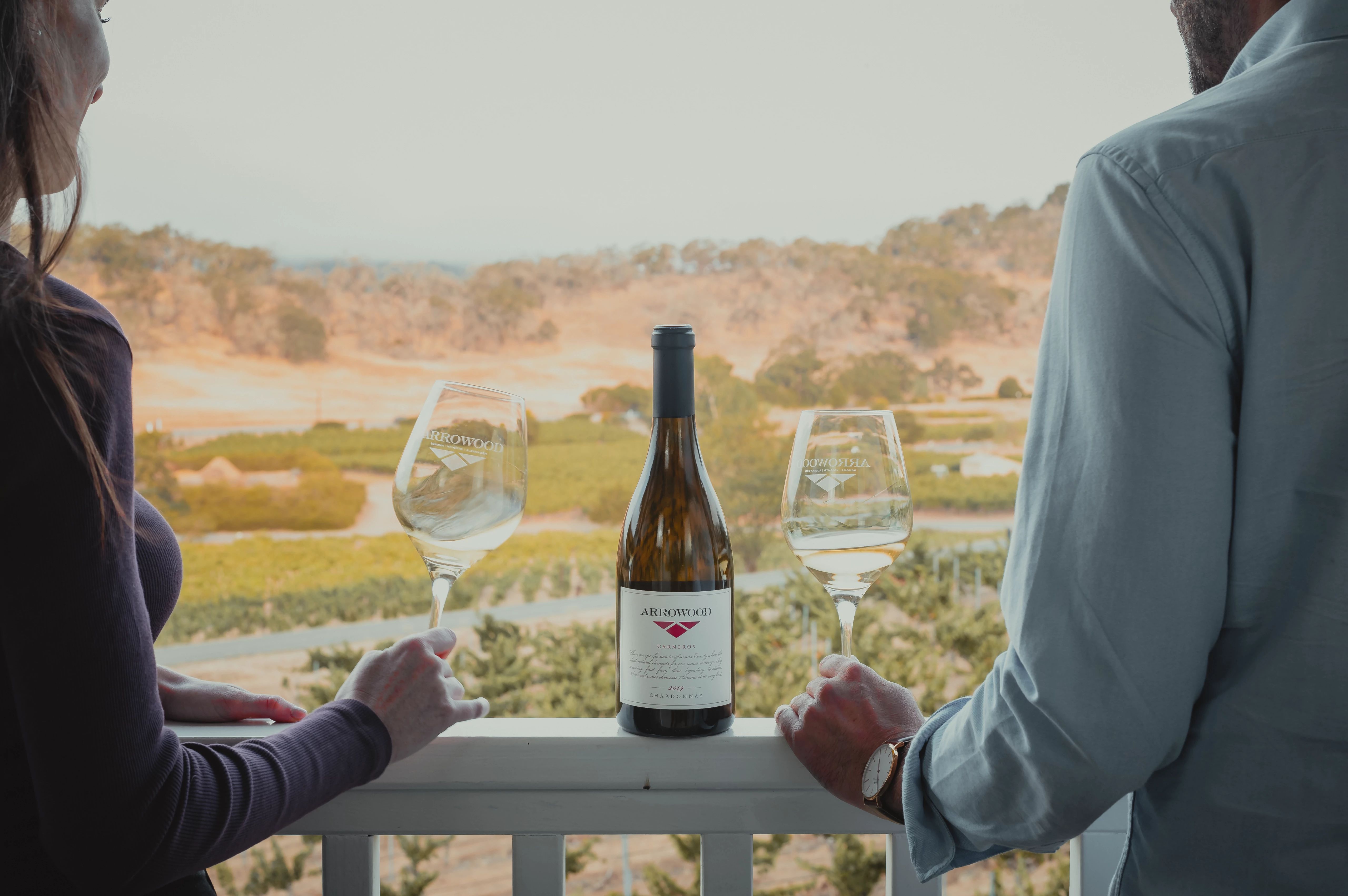 A close up of two people with white wine glasses in their hands looking over vineyards from a patio